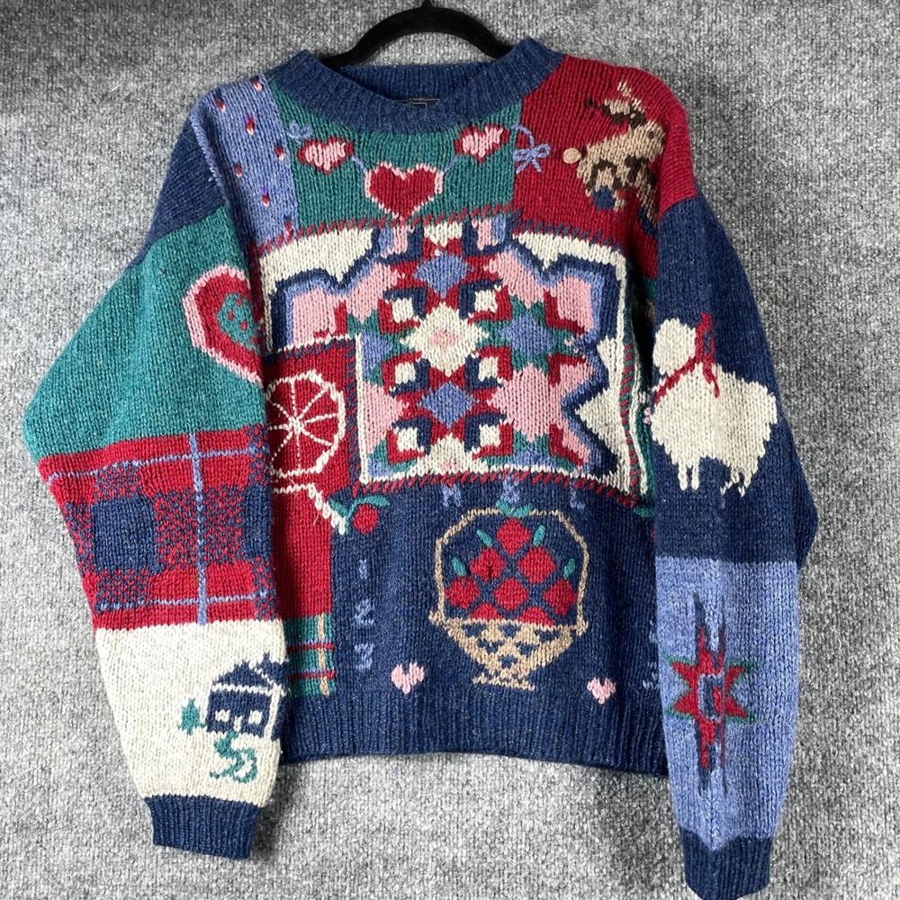 Vintage Woolrich Sweater Womens Medium Multicolor Patchwork Wool Art Farm Nature